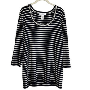 Judith Hart Collection Womens Knit Top XL Navy White Striped Silk Blend Beaded